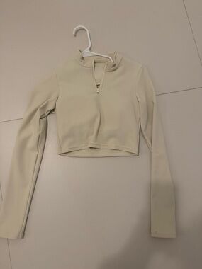 Cropped Half-Zip Long Sleeve Top - Cream